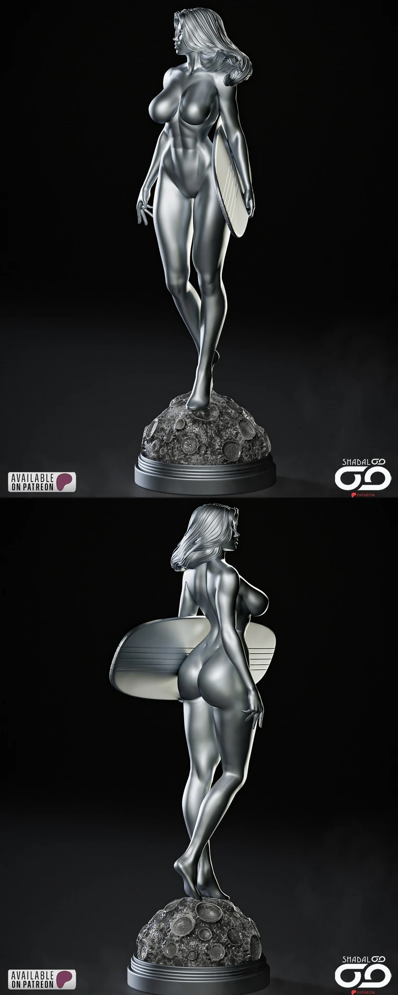 Silver-toned Shalla-Bal Marvel statue with flowing hair, board, and textured round display base