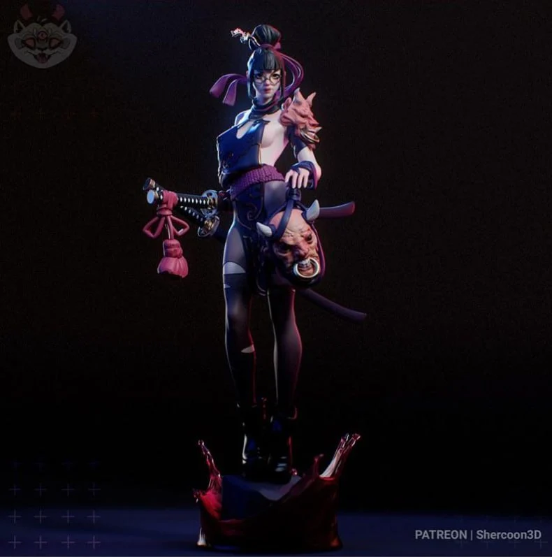 Akari original character warrior statue with sword and ornate base