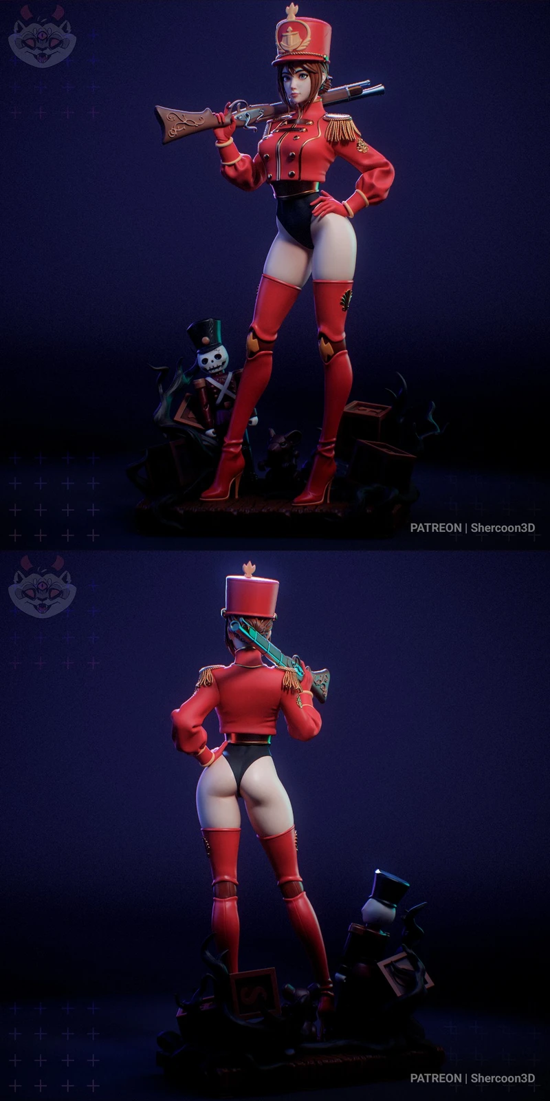 Colette Marche stylized female tin soldier statue with rifle and red uniform
