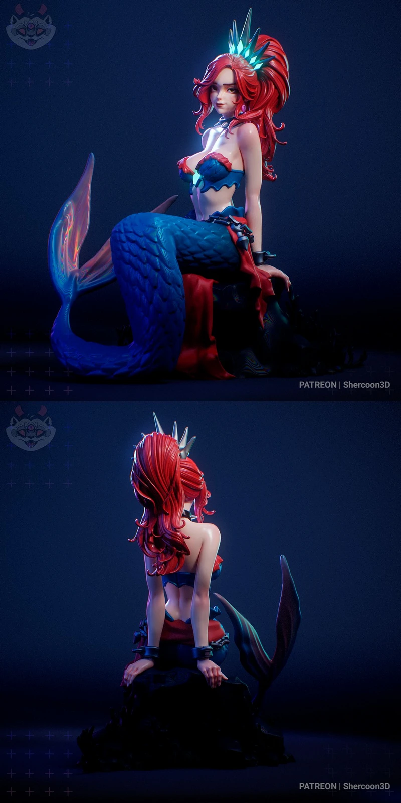 Marisha Vael seated mermaid statue with red hair and blue scaled tail
