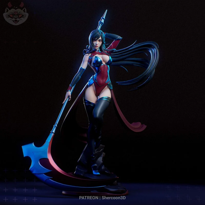 Reika Shinzai fantasy warrior statue with long hair and curved polearm