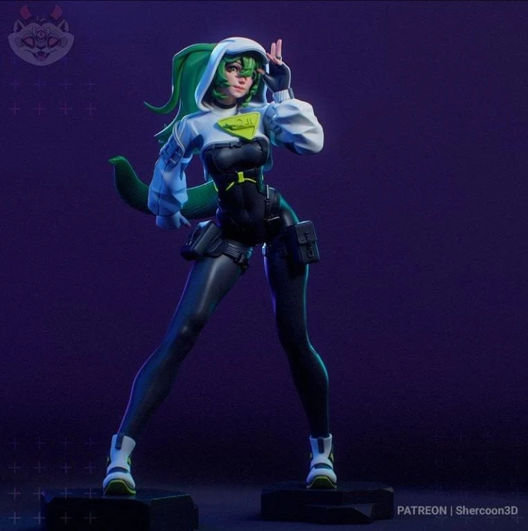 Fluorite original character figure with green hair, hooded jacket, tail, and utility pouches