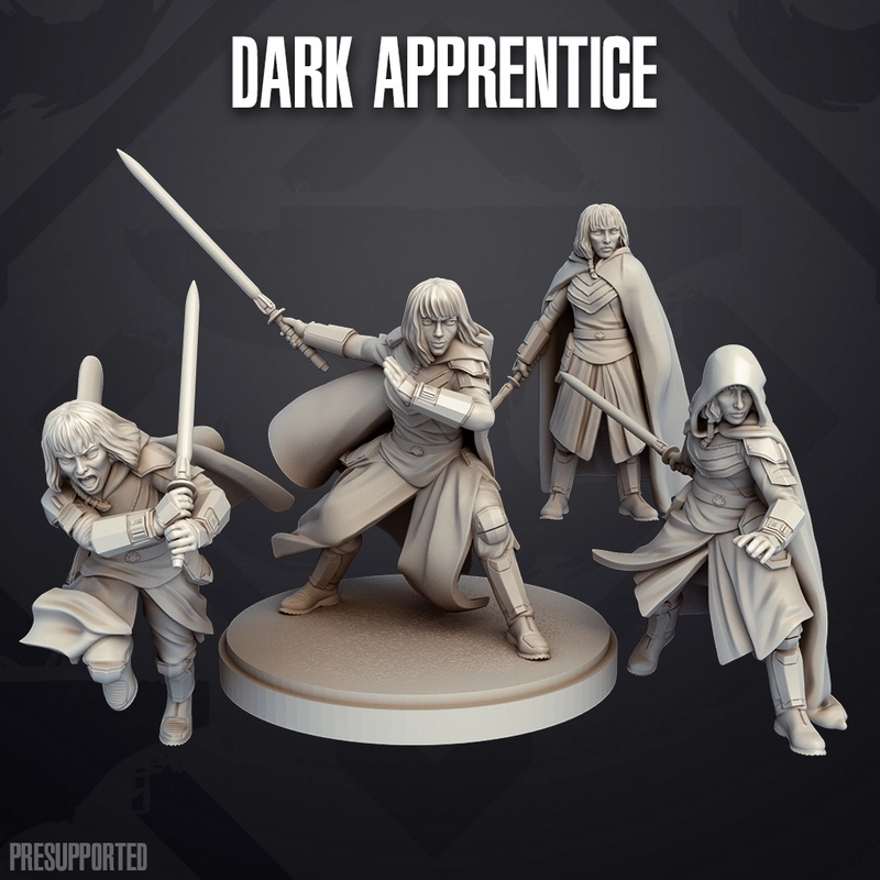 Four hooded dark apprentices with lightsabers on a round display base