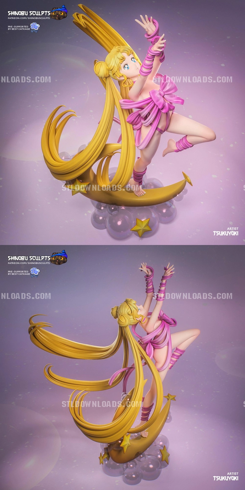Usagi Tsukino Sailor Moon figure posed over a crescent moon with flowing blonde hair