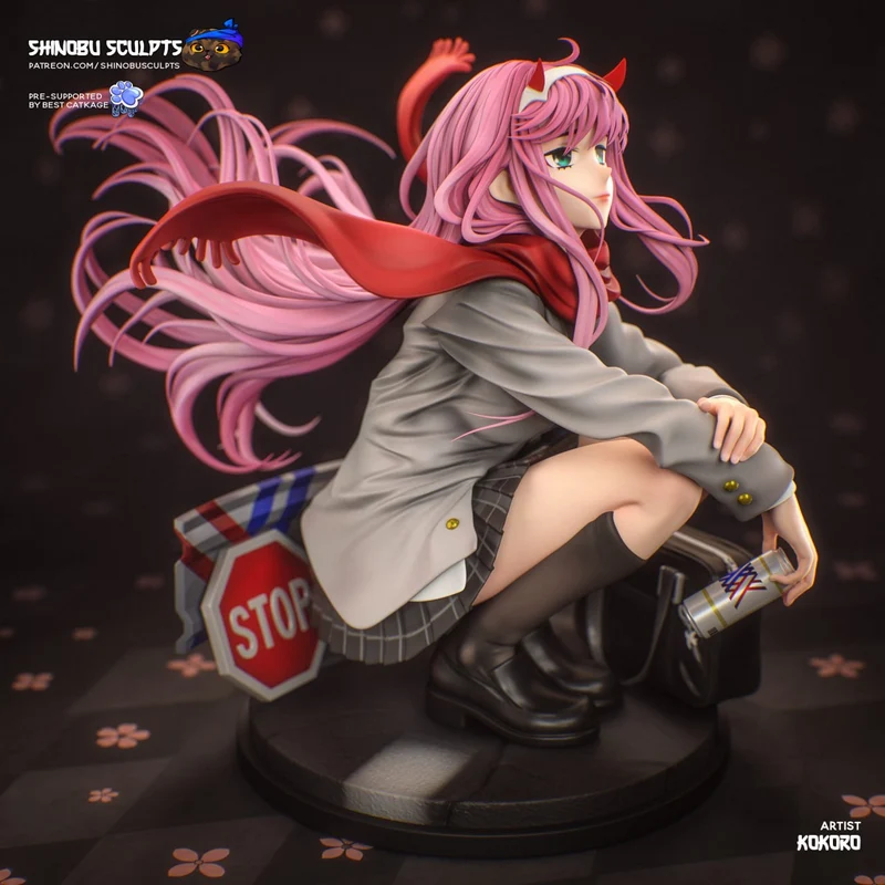 Zero Two from Darling in the Franxx seated with pink hair and a red scarf