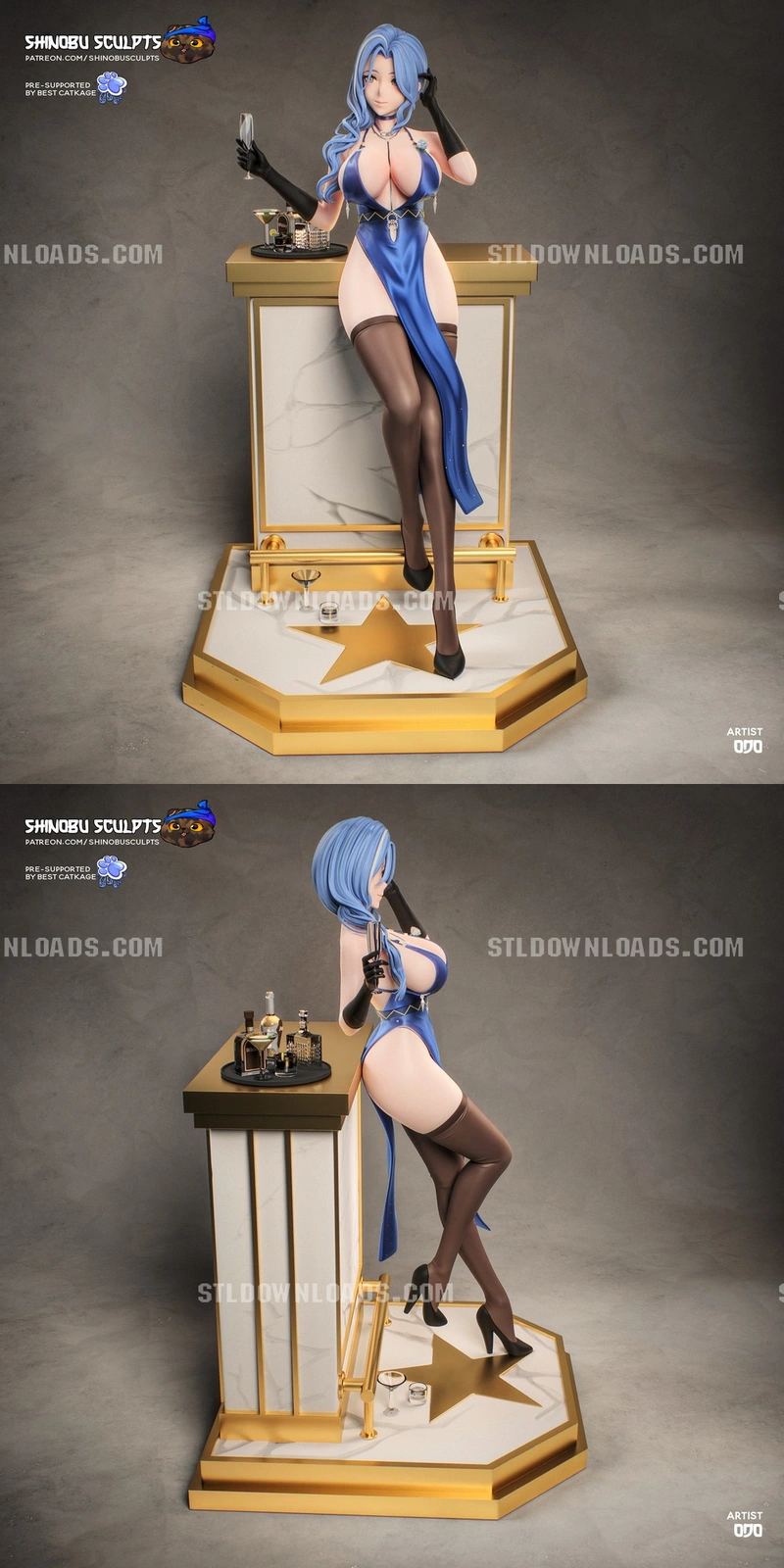 Helen original character statue with blue hair, blue dress, and ornate display pedestal