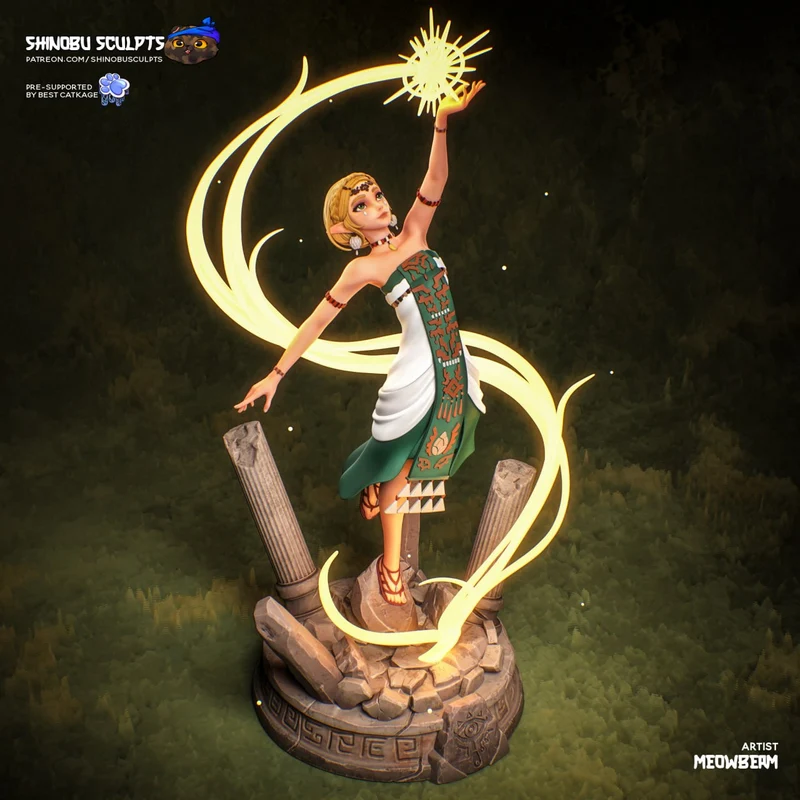 Princess Zelda statue with glowing ribbons, a stone base, and one raised hand