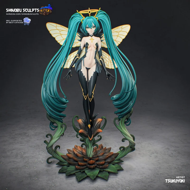 Hatsune Miku fantasy fairy statue with turquoise twin tails, wings, and floral base
