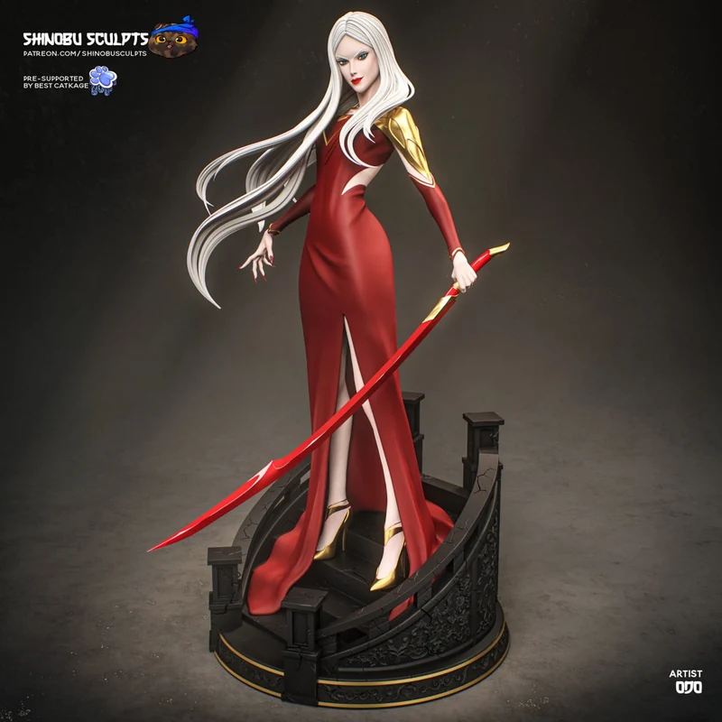 Carmilla from Castlevania statue with white hair, red gown, sword, and gothic base