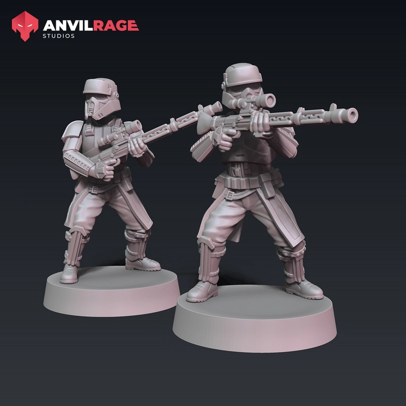 Two Star Wars Shore Trooper Remnant Sniper figures with scoped rifles on display bases