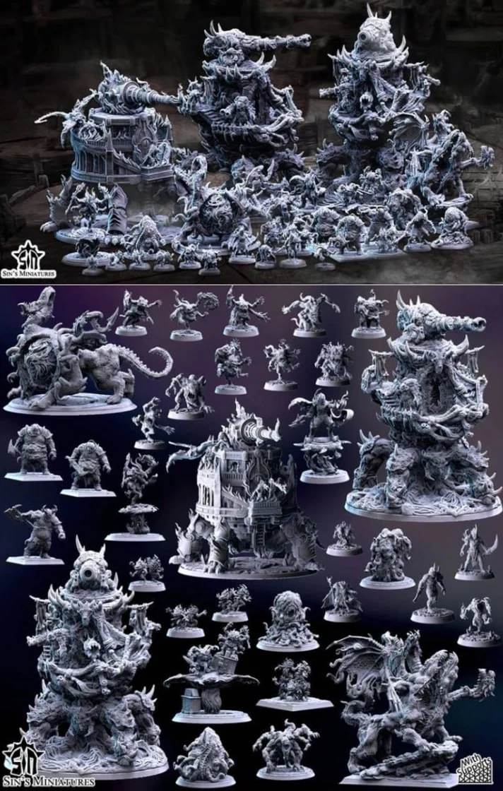 Original fantasy demonic siege miniatures with monsters, warriors and ornate scenery
