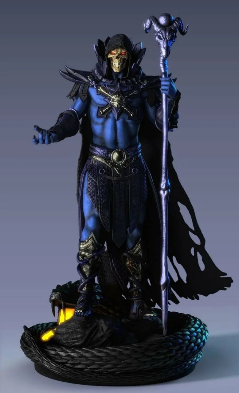 Skeletor 3D model with hood, armor, staff, cape, and display base