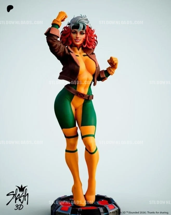 Rogue Marvel character statue in a green-and-yellow costume on a display base