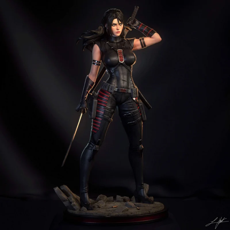 Snake Eyes II female ninja statue in black armor with swords on a rocky base