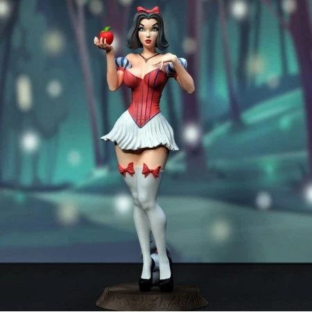 Snow White figurine holding a red apple on a display base