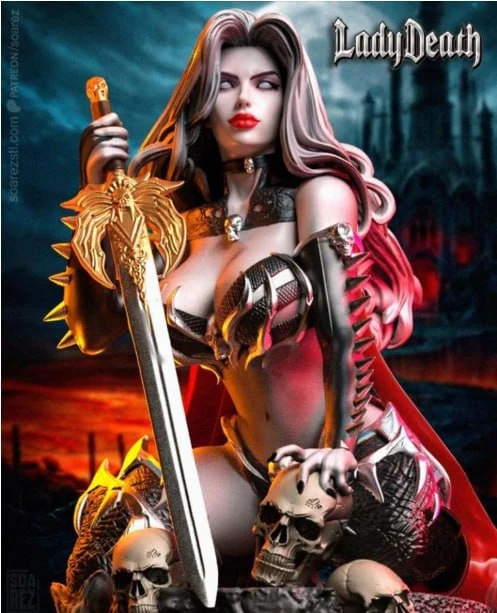 Lady Death holding a sword above skulls in an armored costume