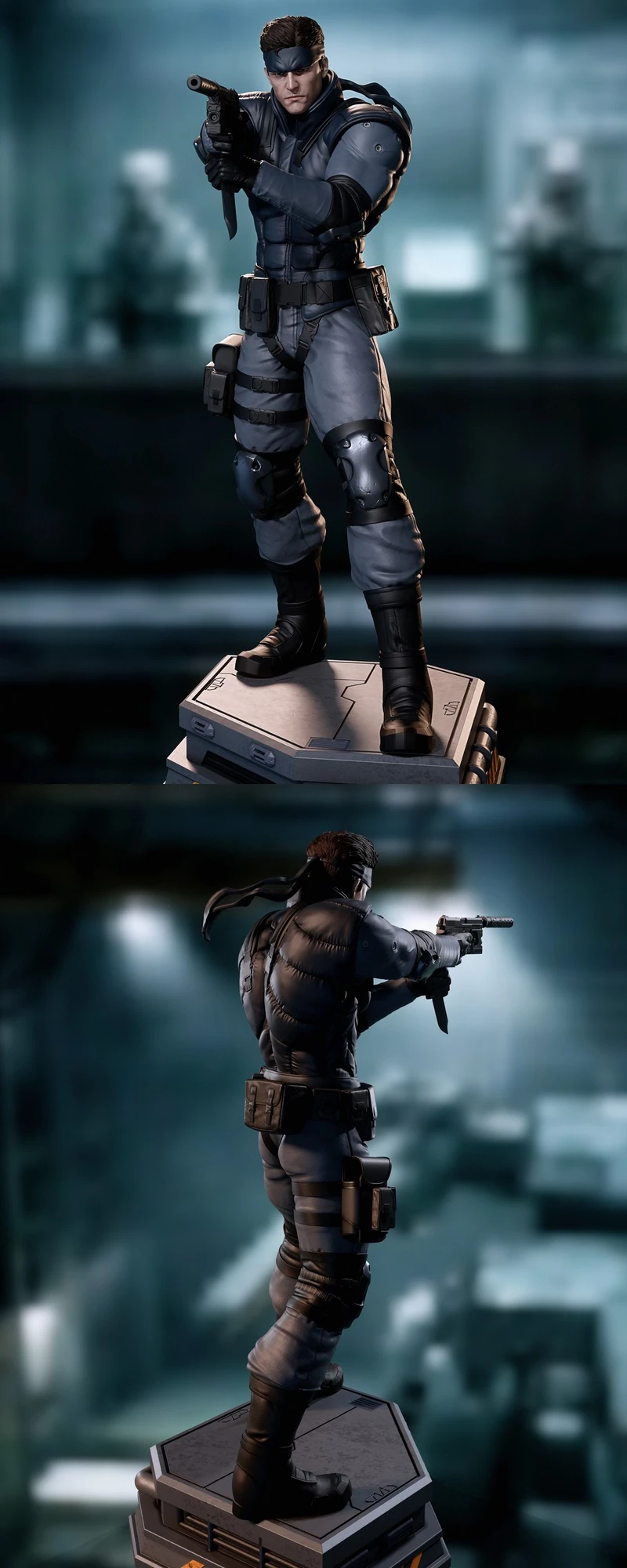 Solid Snake statue with pistol, knife, tactical gear, and display base