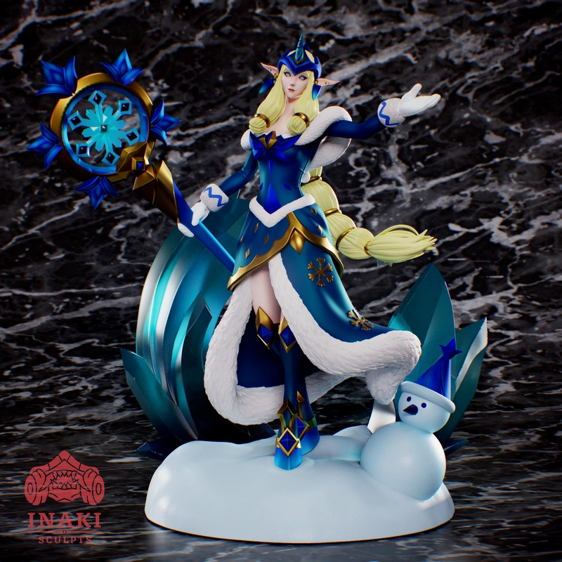Soraka League of Legends statue with snowflake staff and snowman companion