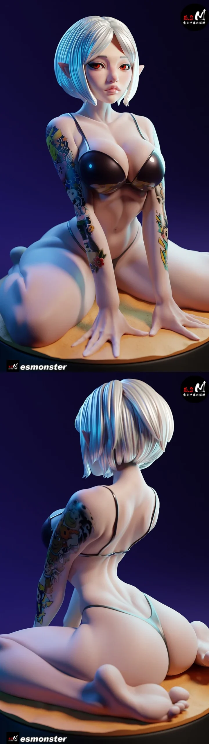 Spider Demon P1 original character statue with blue-white hair, pointed ears, red eyes, tattoos, and a seated pose