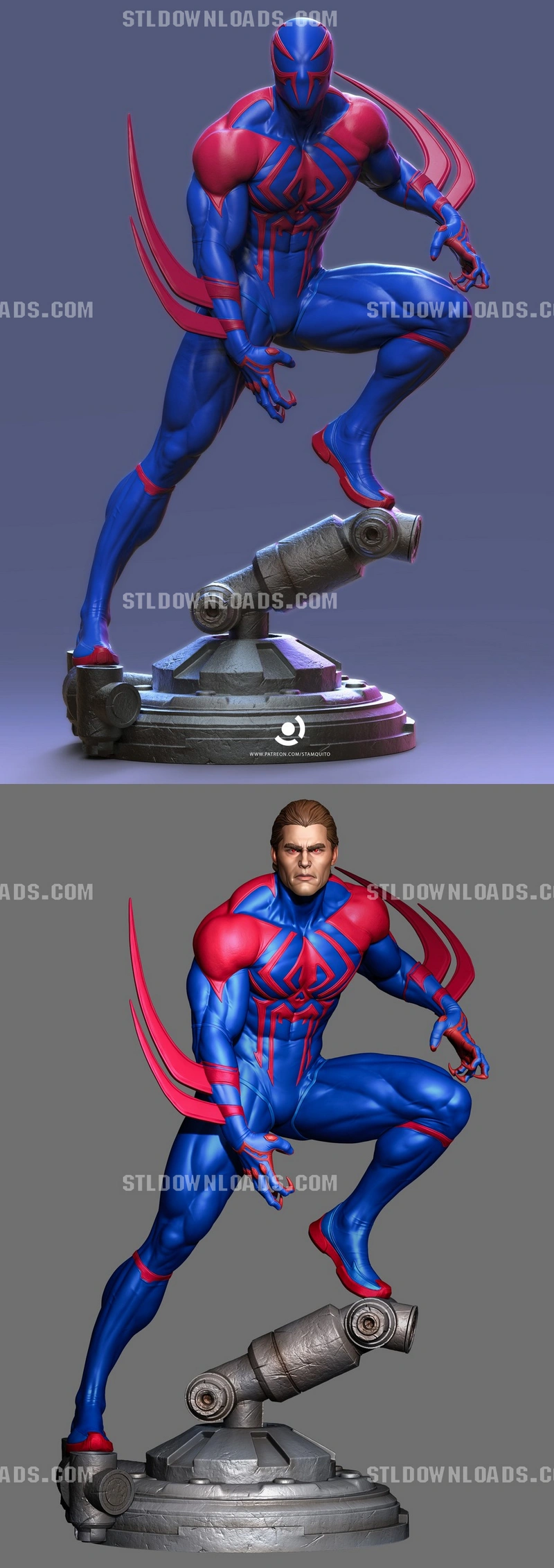 Spider-Man 2099 statue in a blue-and-red suit on a mechanical display base
