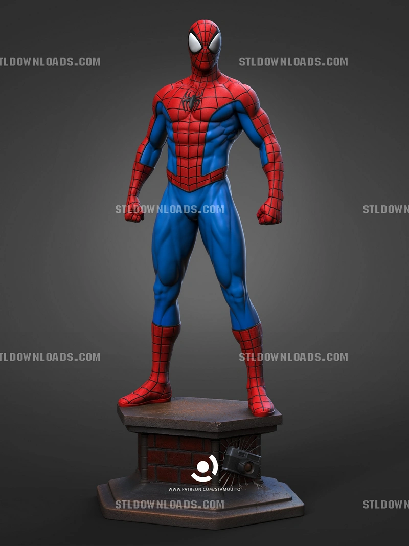 Spider-Man statue in a red-and-blue suit on a brick-style display base