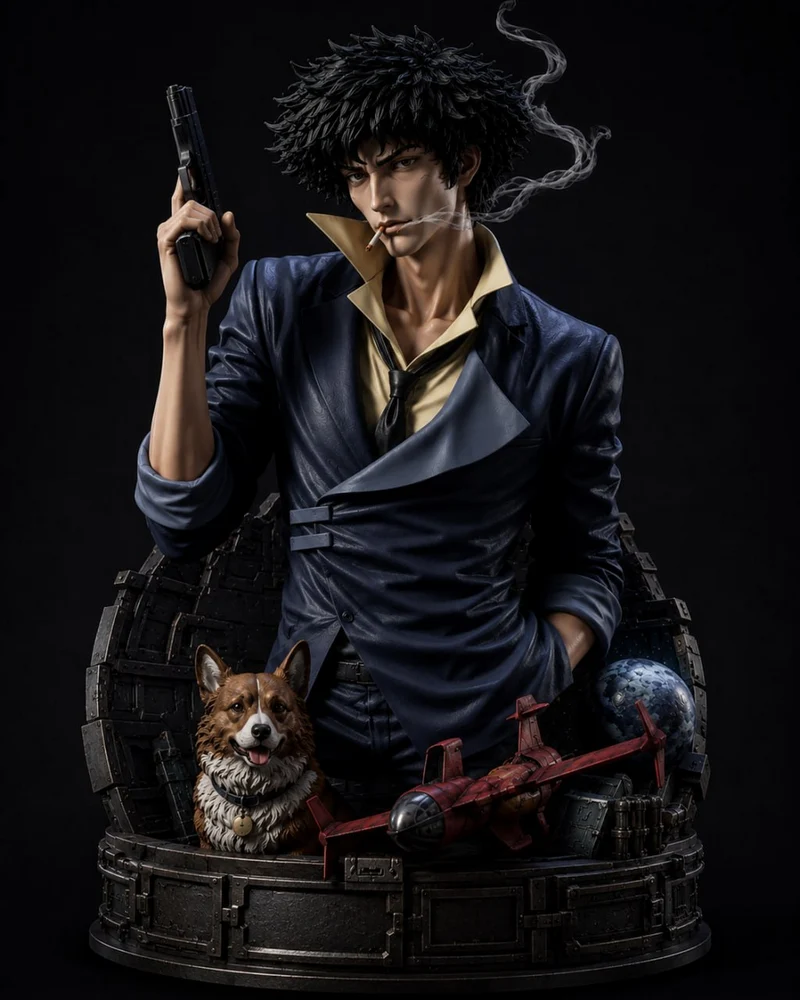 Spike from Cowboy Bebop with a pistol, Ein, spacecraft, and mechanical display base
