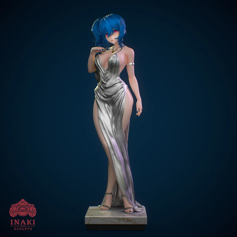 St. Louis from Azur Lane in a silver gown on a display base