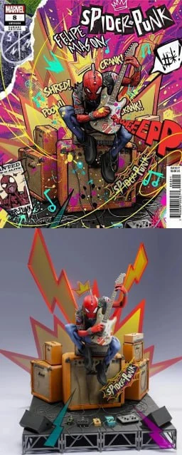 Spider-Punk Marvel 3D model playing guitar on a punk stage with amplifiers