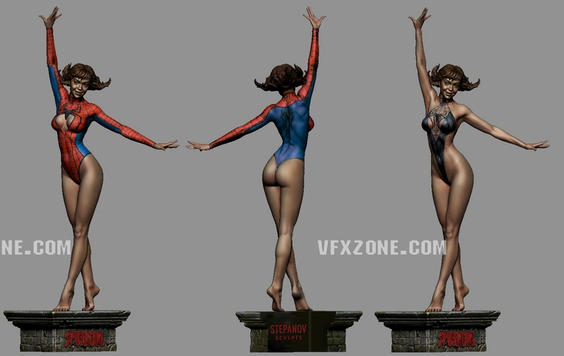 Spider-Girl full-body statue in a red-and-blue web-patterned suit on a pedestal