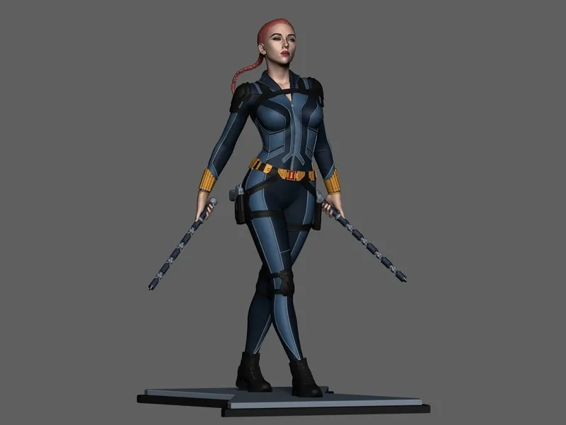 Black Widow Marvel character statue with dual batons on a display base