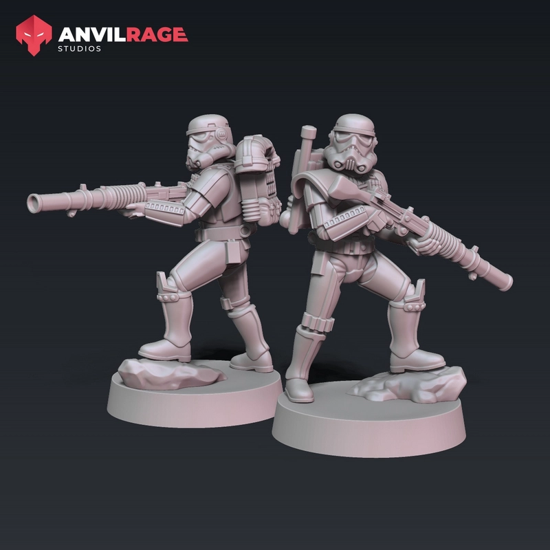 Two Star Wars stormtrooper figures with blaster rifles on rocky display bases