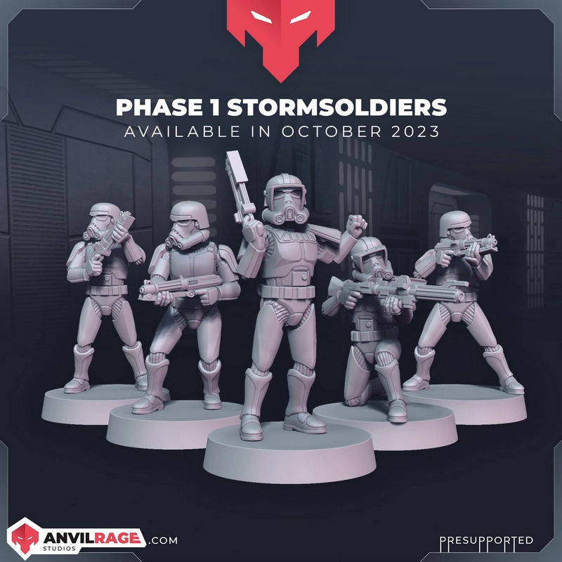 Five Phase I Stormtrooper figures with blasters on round display bases