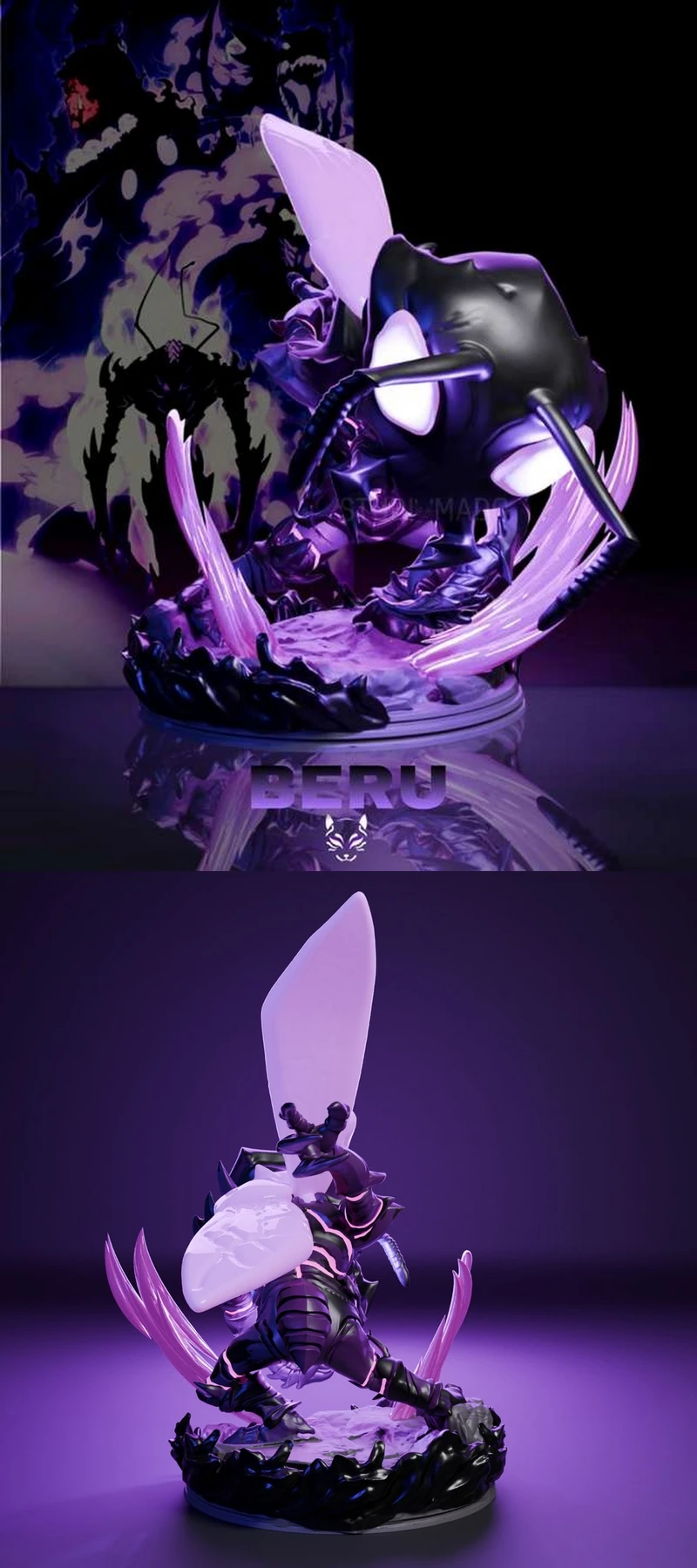 Beru from Solo Leveling, a winged armored creature statue on a circular base