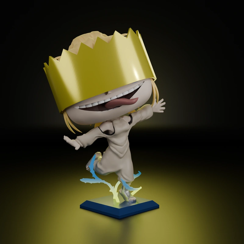 Chibi Haumea from Fire Force wearing a yellow crown on an effect base