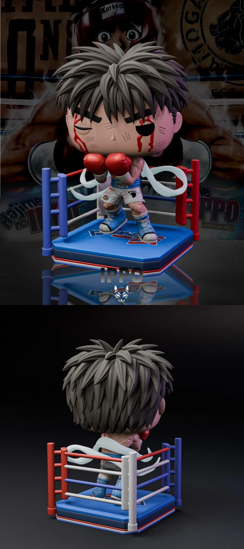 Chibi Ippo boxer figure in a miniature boxing ring