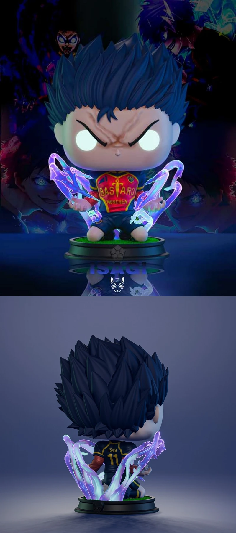 Chibi Isagi Blue Lock figure with spiky hair, glowing eyes, energy effects, and a display base