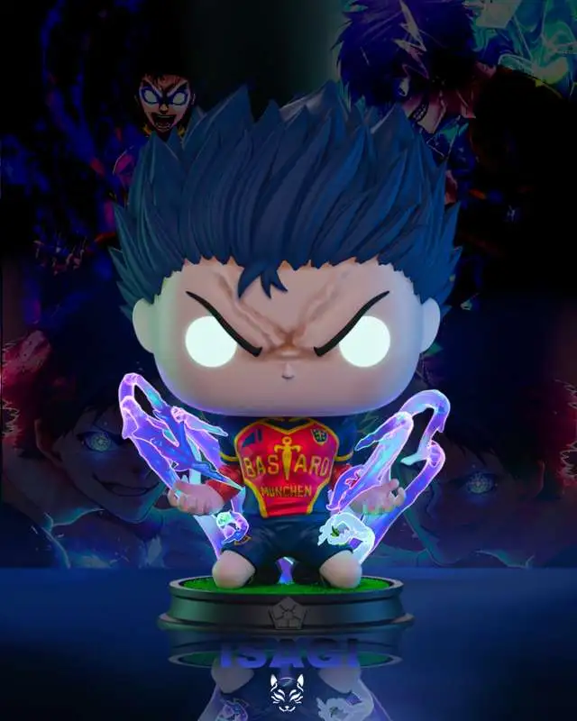Stylized Yoichi Isagi Funko figure from Blue Lock with blue hair and glowing eyes