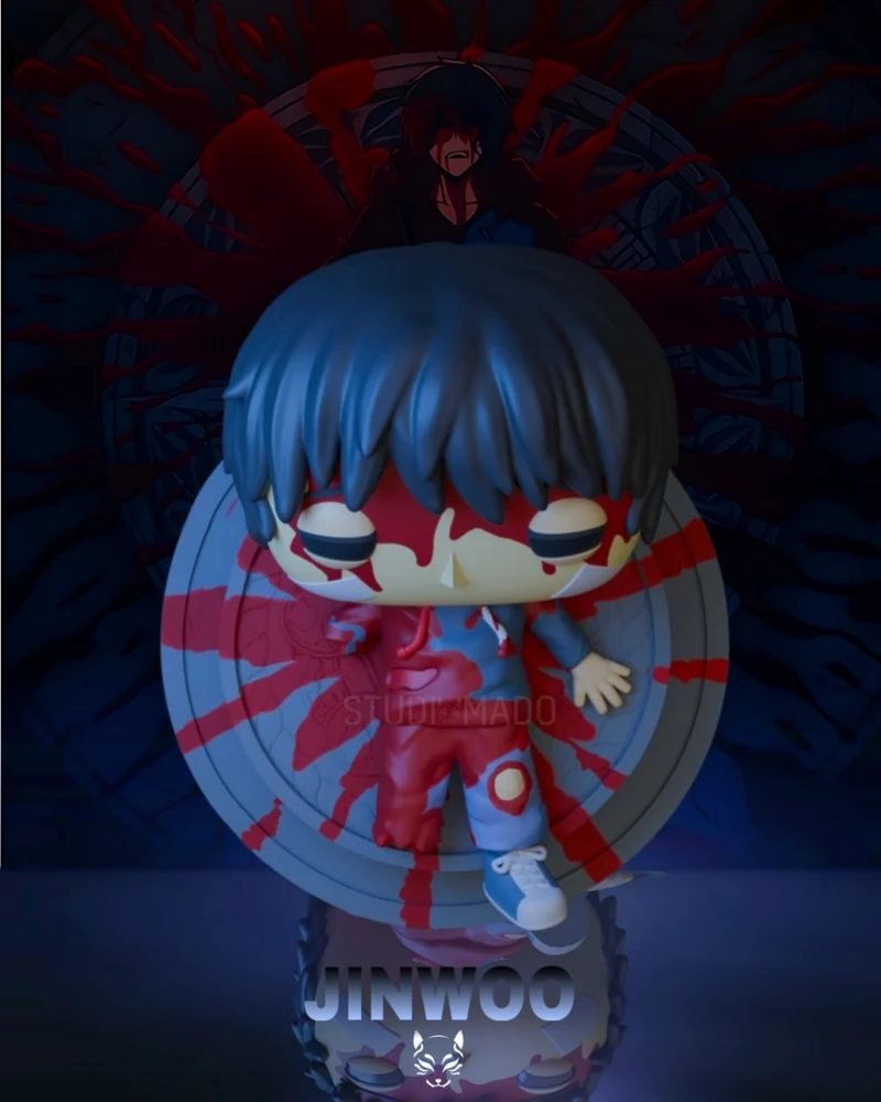 Chibi Sung Jinwoo Solo Leveling figure with red accents and circular backdrop