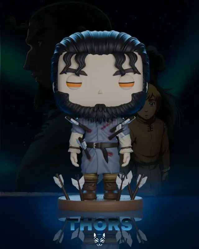 Mado Funko original character chibi figure with beard, arrows, and display base