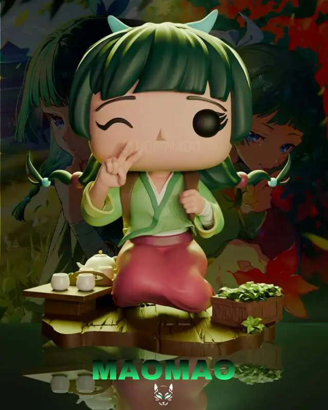 Chibi Maomao figure with green hair, winking eye, and green robe