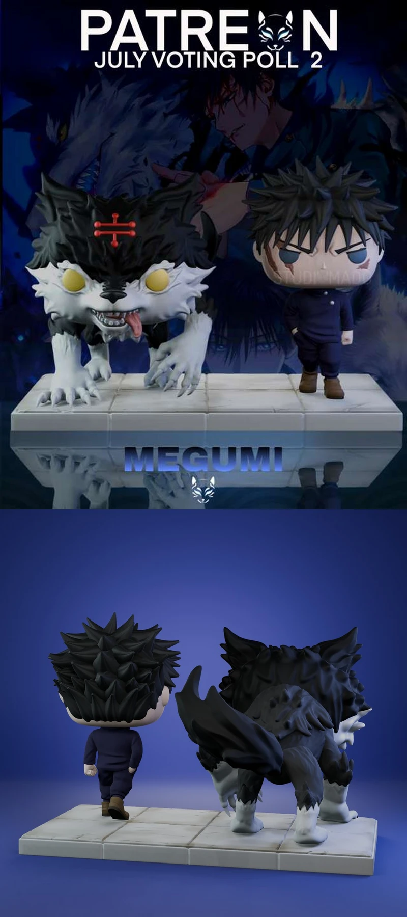 Chibi Megumi Fushiguro figurine with a dog-like shikigami on a tiled base