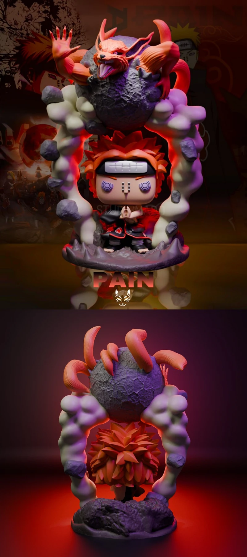 Chibi Pain from Naruto statue beneath a horned fox-like creature