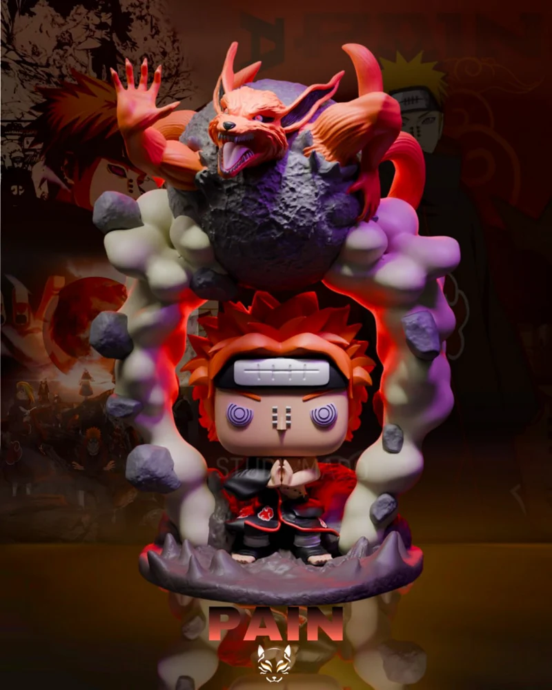 Chibi Pain Naruto figurine with a fox-like creature, smoke forms, and rocky base