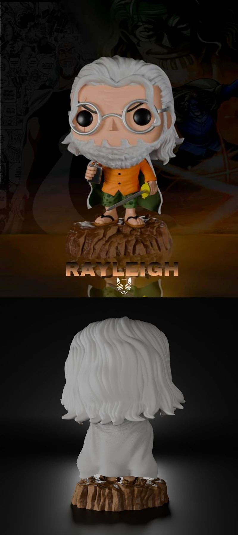 Chibi Silvers Rayleigh figurine with glasses, sword and wood-textured base
