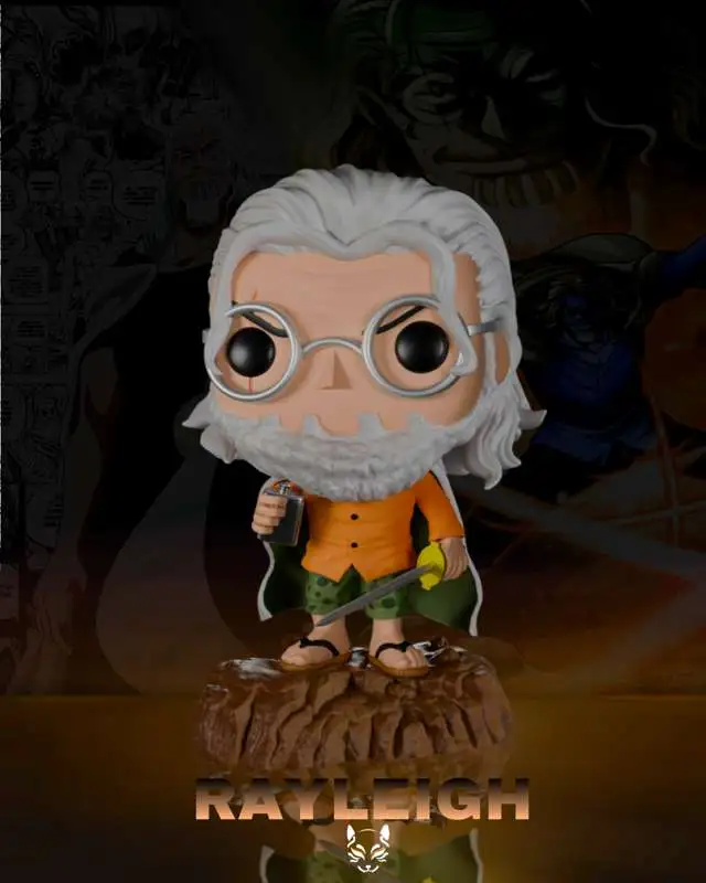 Funko-style Silvers Rayleigh figure with glasses, sword and wood-look base