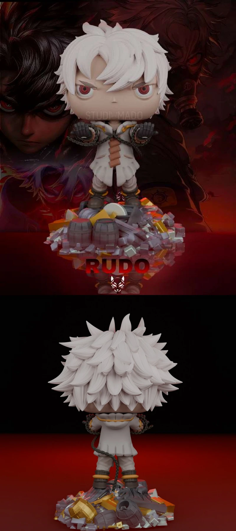 Chibi Rudo from Gachiakuta 3D model with spiky white hair and rubble base