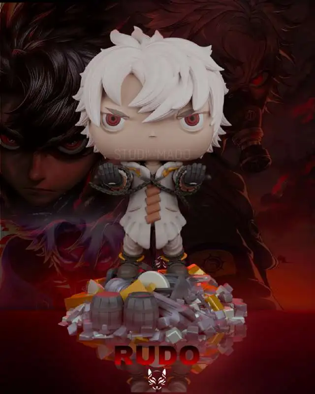 Chibi Rudo from Gachiakuta with white hair, red eyes, and a scrap base
