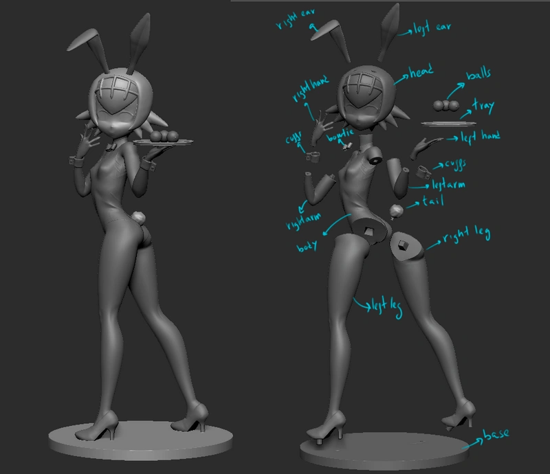 Suiren anime-style humanoid figure with long ears, tray, balls, tail, high heels, and round base