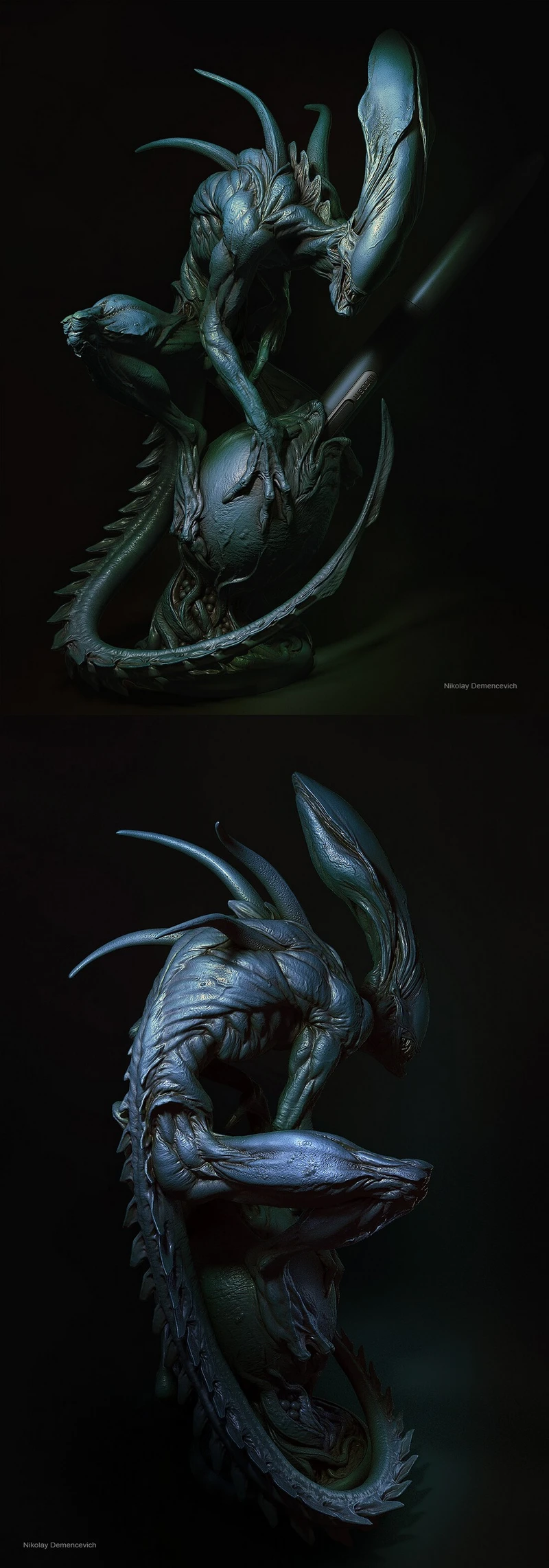 Biomechanical alien creature sculpted as a decorative pen holder