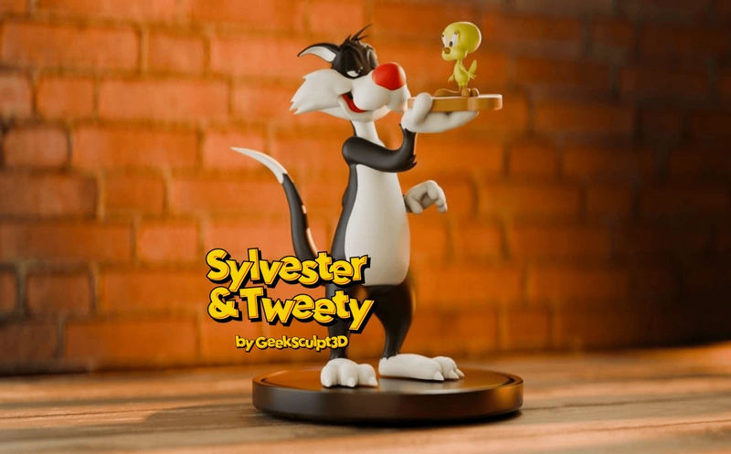 Sylvester holding Tweety on a tray in a Looney Tunes 3D model